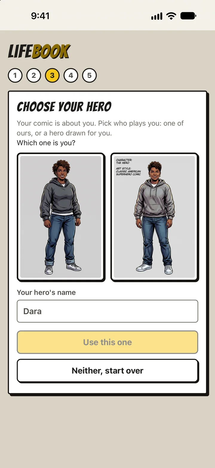 Choose your hero: two drawn versions of Dara side by side, with Use this one beneath