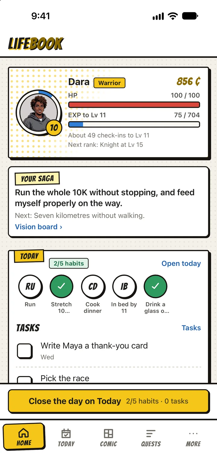 LifeBook's home screen: Dara's hero card at level 10, her saga, and today's habits