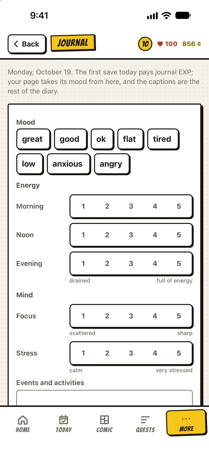 The journal: mood words from great to angry, and sliders for energy through the day
