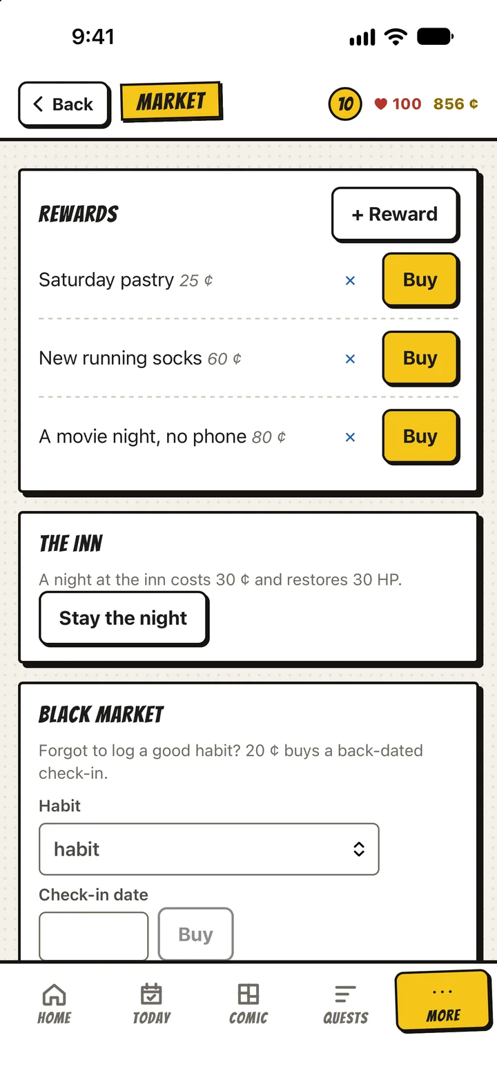 The Market: rewards you set yourself, the Inn, and the Black Market for back-dated check-ins