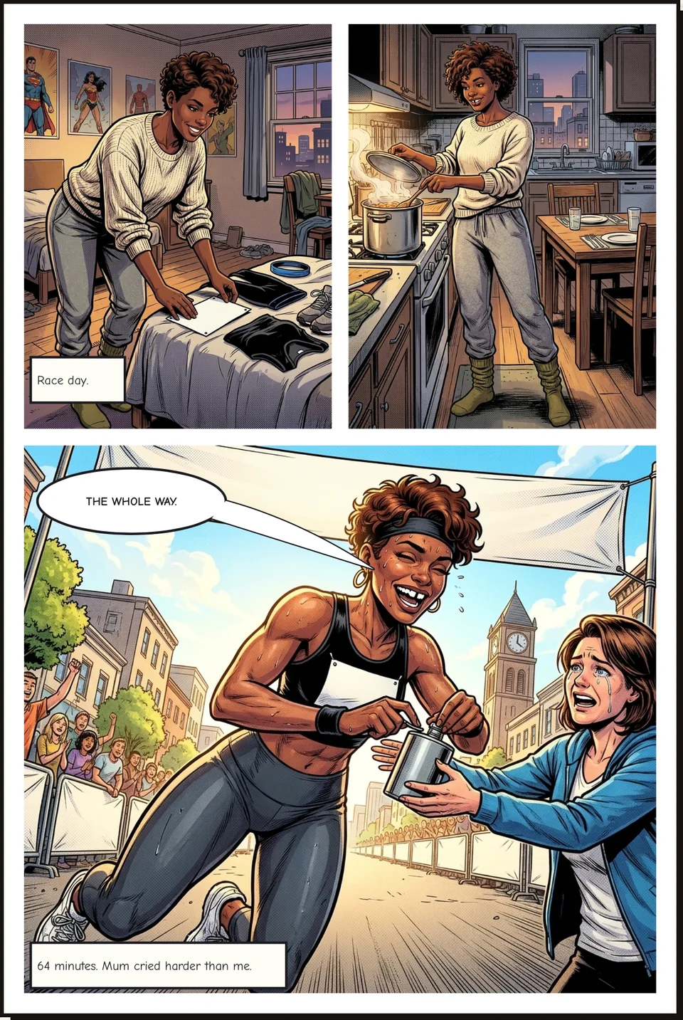 A comic page of Dara's race day: laying out her kit, cooking the night before, and crossing the finish line while her mum holds out a flask