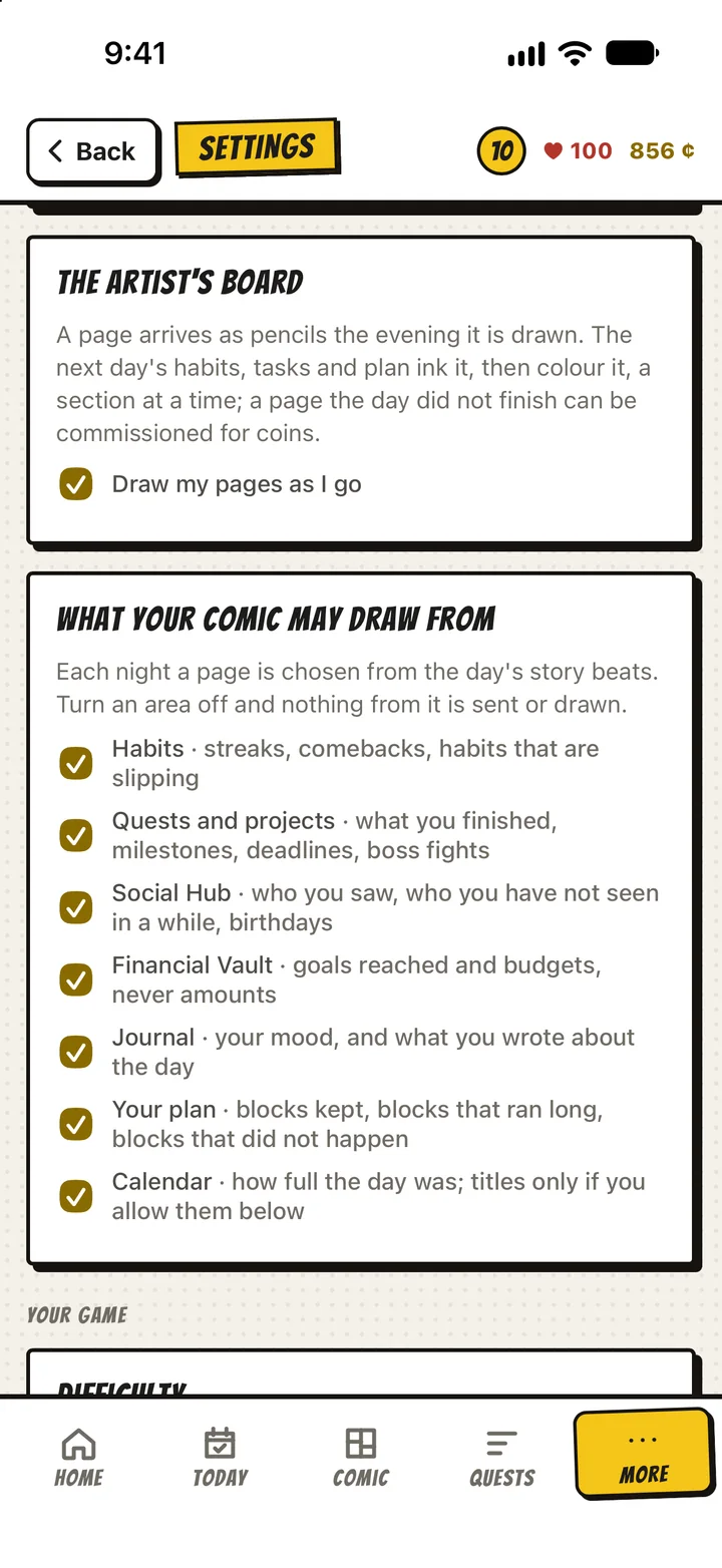 Settings: what your comic may draw from, with a tick beside habits, quests, the Social Hub, the Financial Vault, the journal, your plan and the calendar
