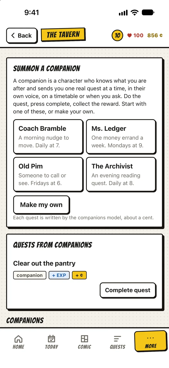The Tavern: summon a companion such as Coach Bramble or The Archivist, and quests from companions