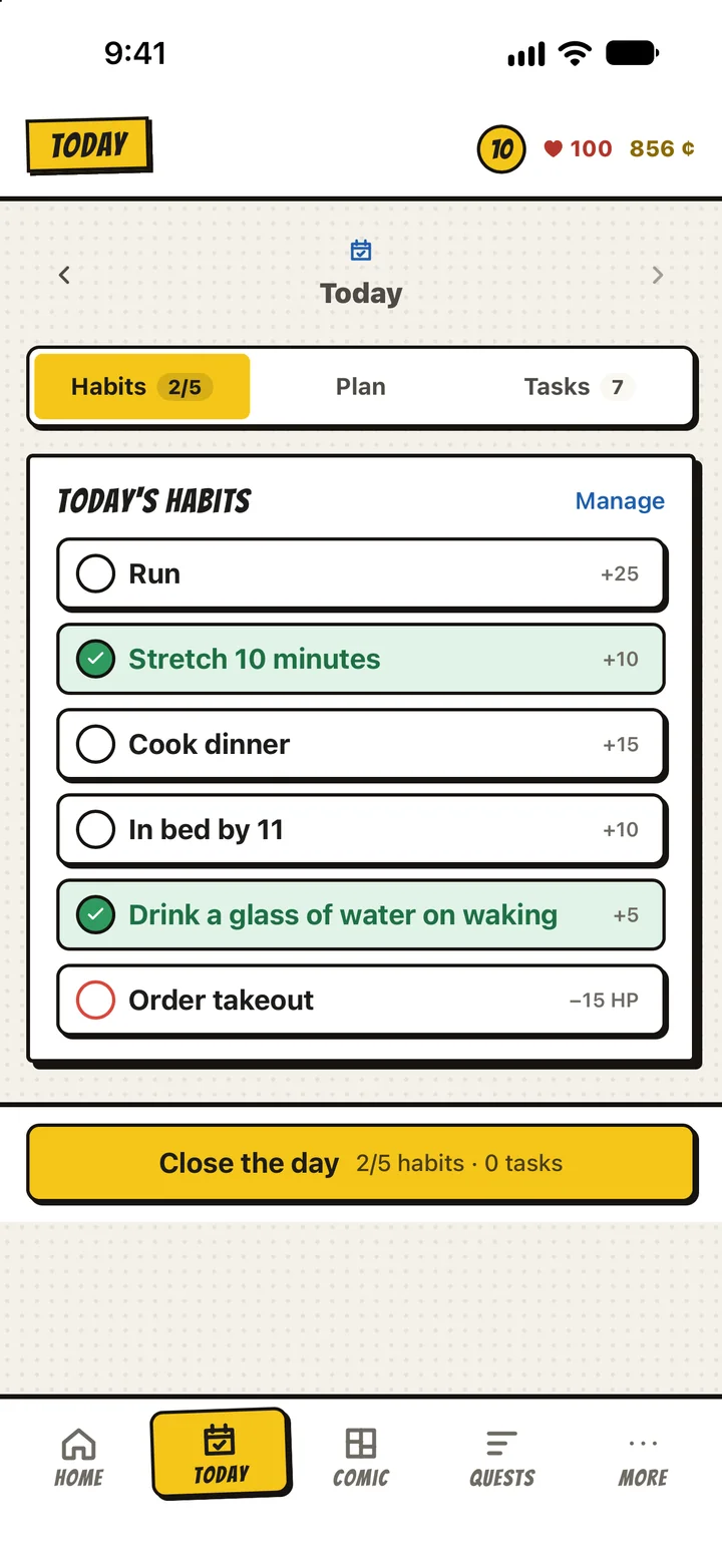 The Today screen: five habits with check-in buttons, the plan, and a Close the day button