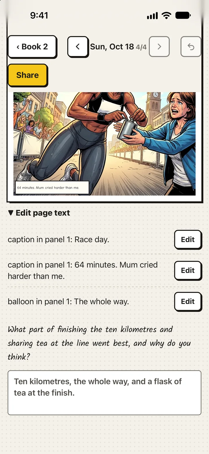 Editing a page's text: the captions and the balloon of race day, each with an Edit button