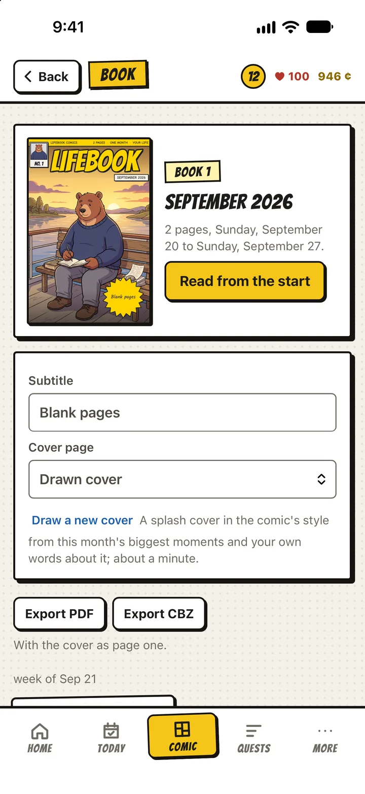 Book 1, September 2026, with a drawn cover of Otis at his desk, and its subtitle Blank pages
