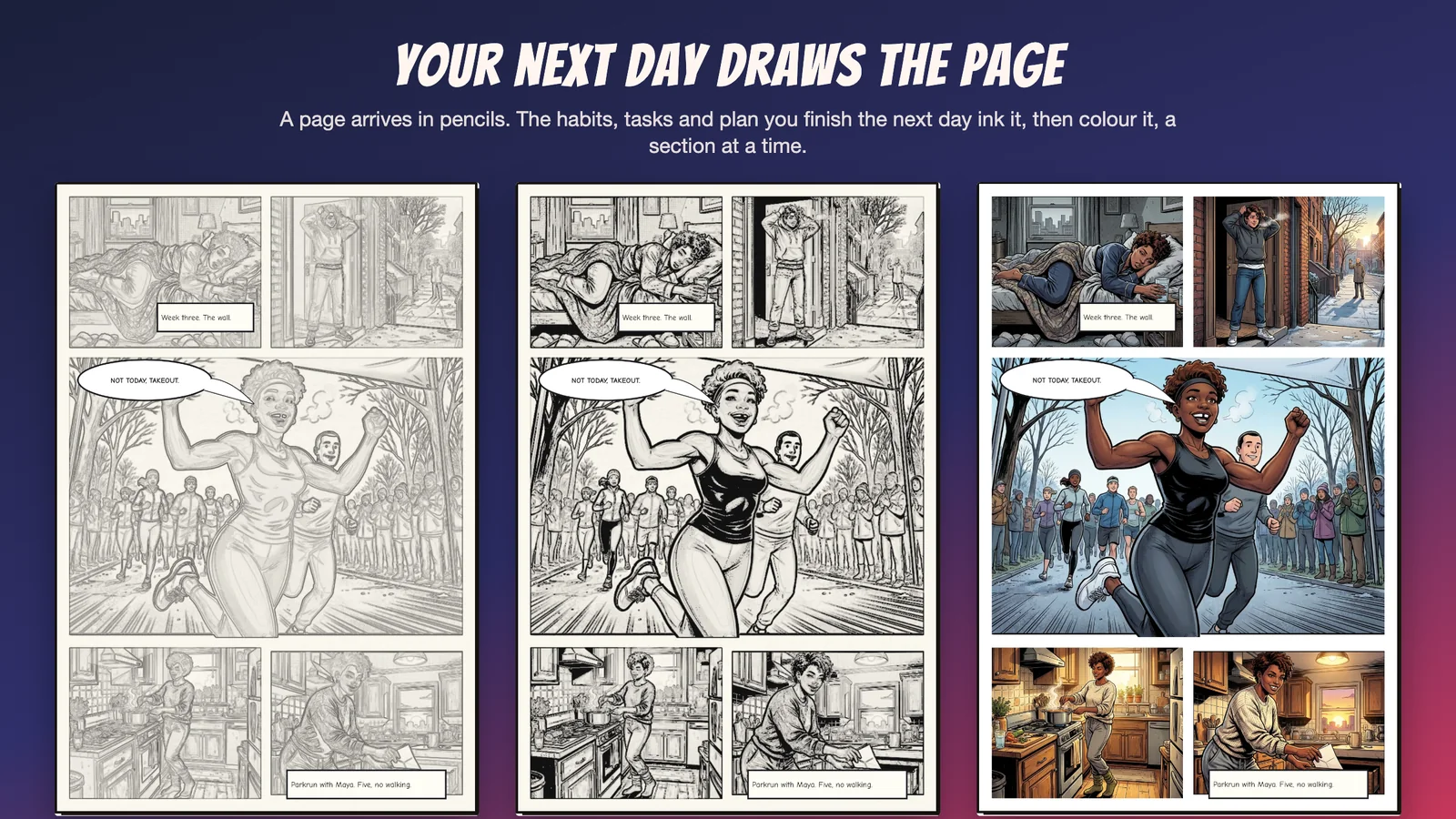 The same page three times under the heading Your next day draws the page: in pencils, inked, and in colour